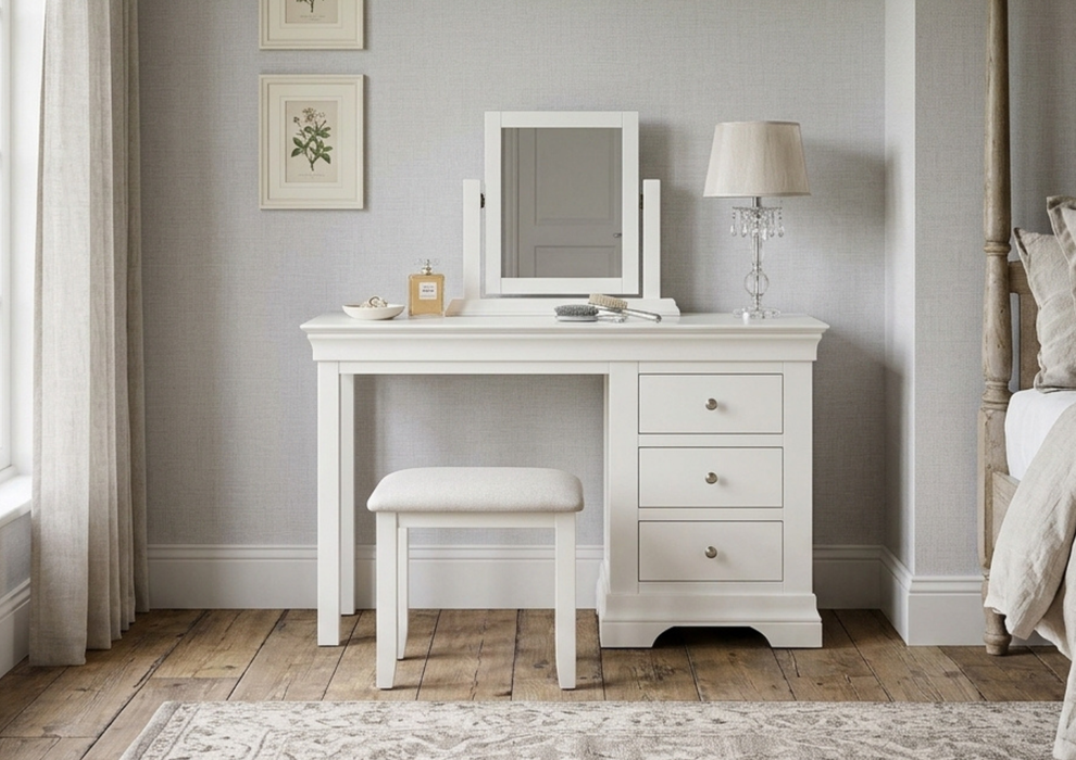 Bordeaux 3 Drawer Dressing Table Set with Painted Ivory Includes Dressing Table, Stool & Mirror
