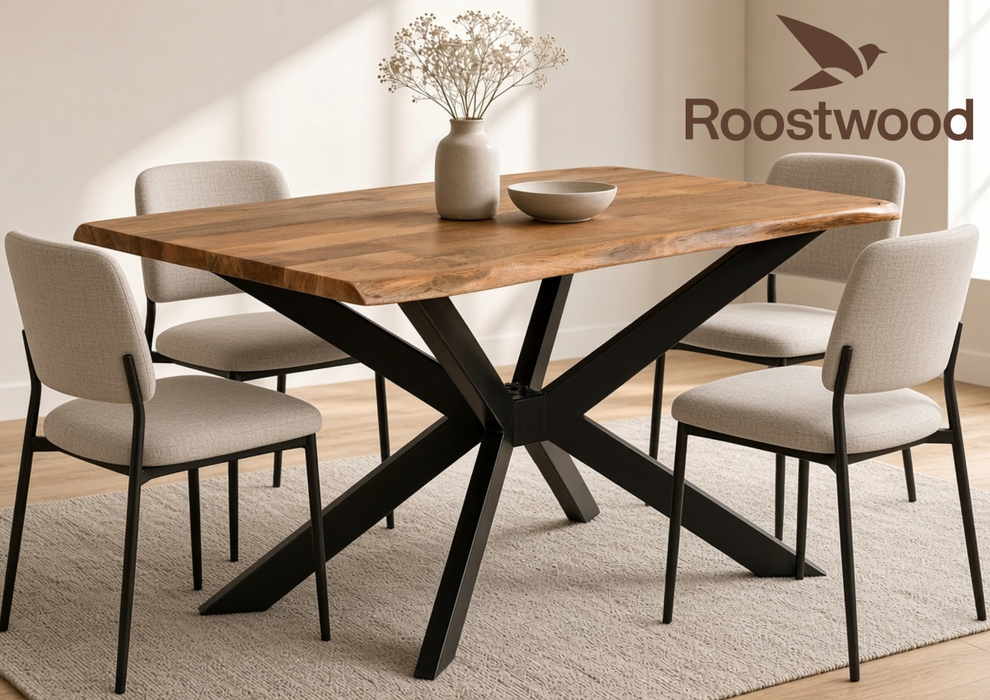 Roostwood 'Geo' Live Edge Industrial 135cm Table Solid Mango Wood Black Star Metal Legs