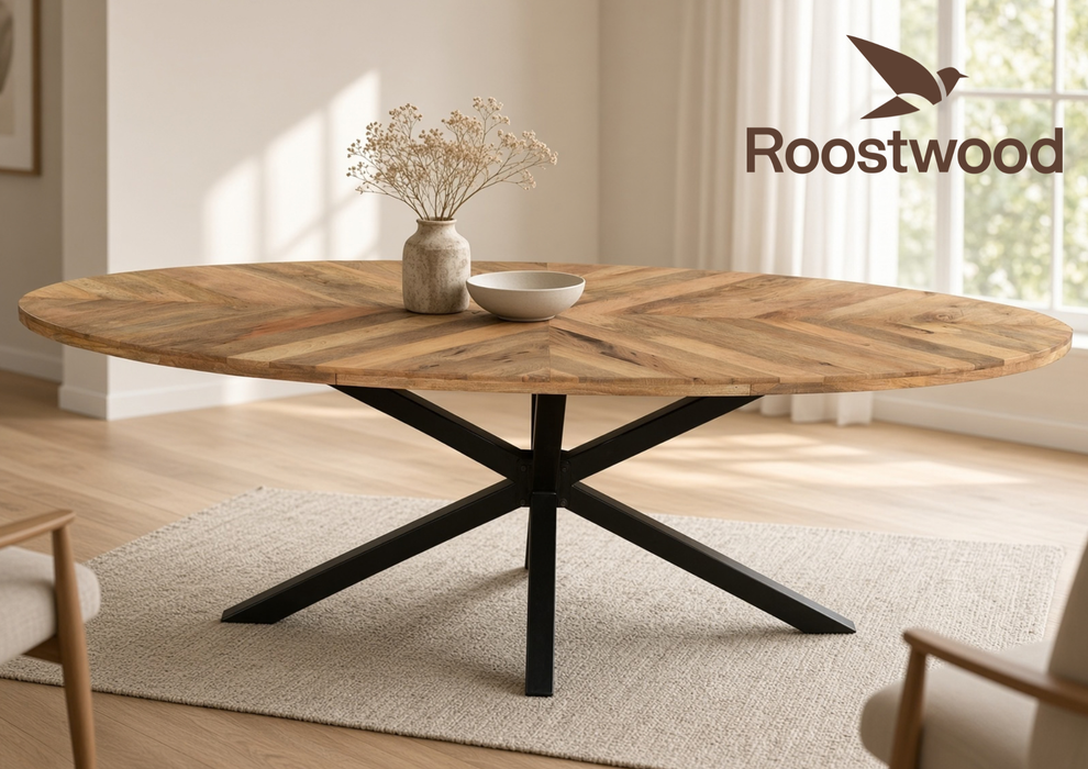 Roostwood ‘Geo’ Industrial 240cm Oval Table Solid Mango Wood Black Star Metal Legs