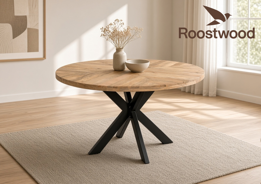 Roostwood ‘Geo’ Industrial 140cm Round Table Solid Mango Wood Black Star Metal Legs