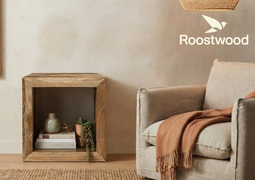 Roostwood 'Geo' Modern Solid Mango Wood Side Lamp Table Storage Unit