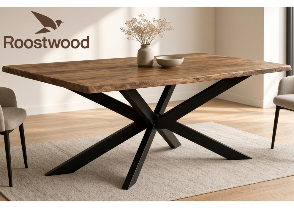 Roostwood 'Geo' Live Edge Industrial 175cm Table Solid Mango Wood Black Star Metal Legs