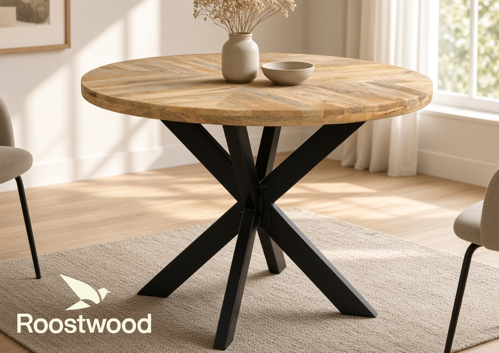 Roostwood ‘Geo’ Industrial 110cm Round Table Solid Mango Wood Black Star Metal Legs