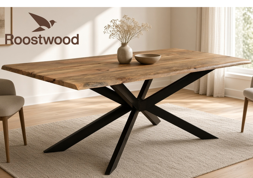 Roostwood 'Geo' Live Edge Industrial 220cm Table Solid Mango Wood Black Star Metal Legs