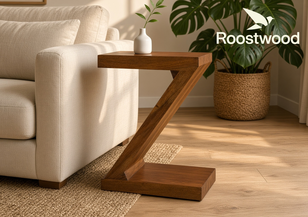 Roostwood 'Geo' Modern Solid Sheesham Wood Z Shape Lamp / Side Table
