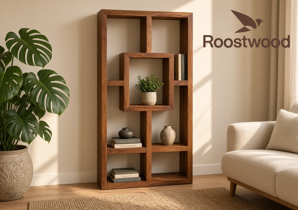 Roostwood 'Geo' Modern Solid Sheesham  Wood Large Bookcase Display Unit