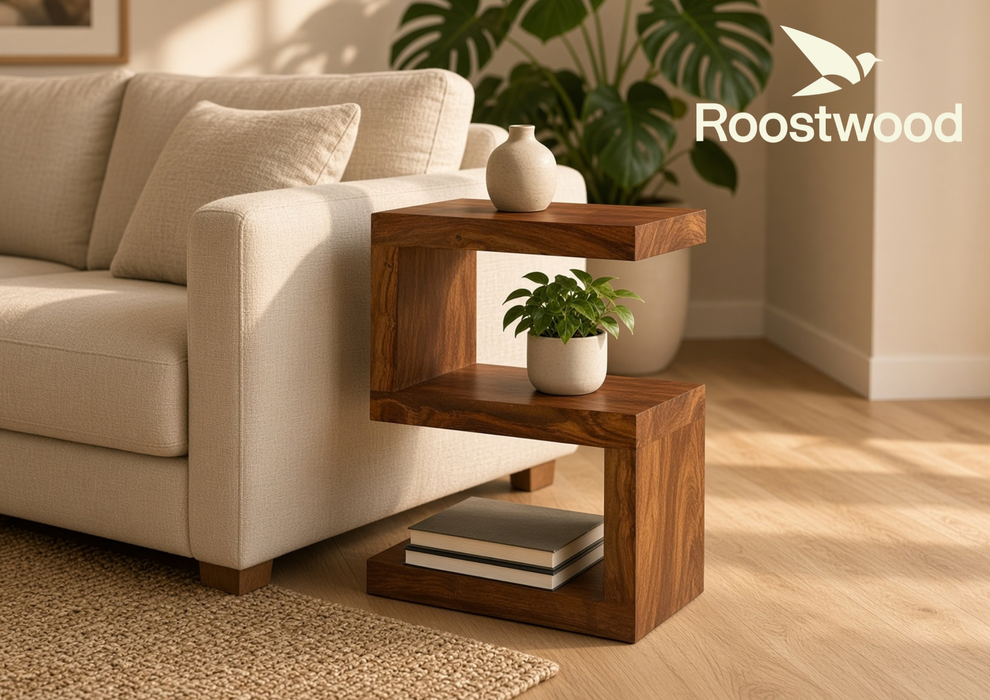 Roostwood 'Geo' Modern Solid Sheesham Wood S Shape Lamp / Side Table