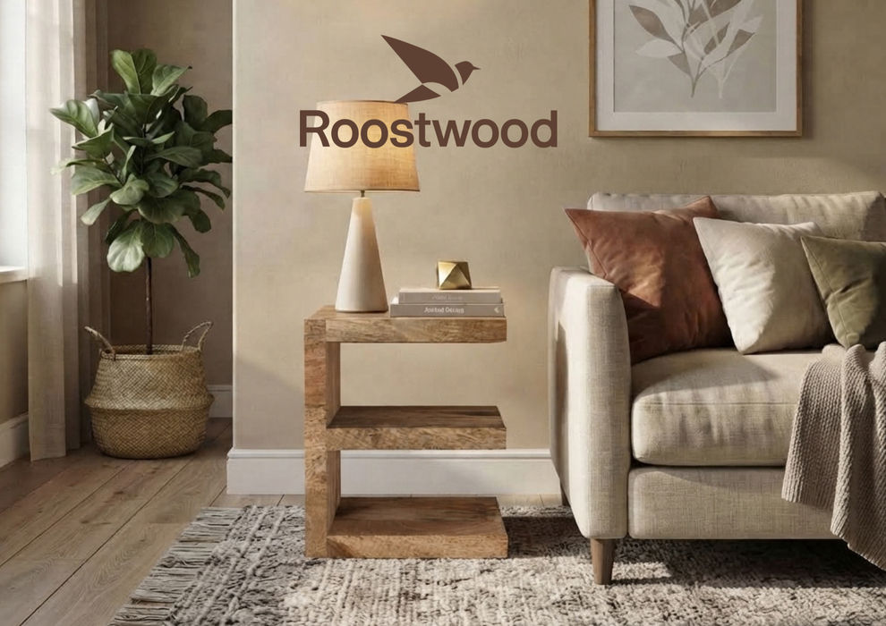 Roostwood 'Geo' Modern Solid Mango Wood E Shape Lamp / Side Table