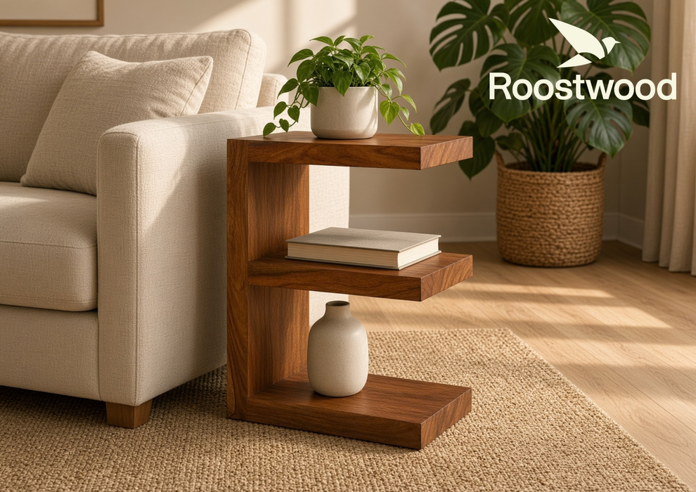 Roostwood 'Geo' Modern Solid Sheesham Wood E Shape Lamp / Side Table