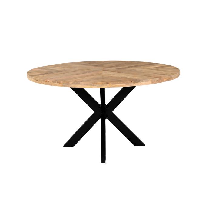 Roostwood ‘Geo’ Industrial 140cm Round Table Solid Mango Wood Black Star Metal Legs