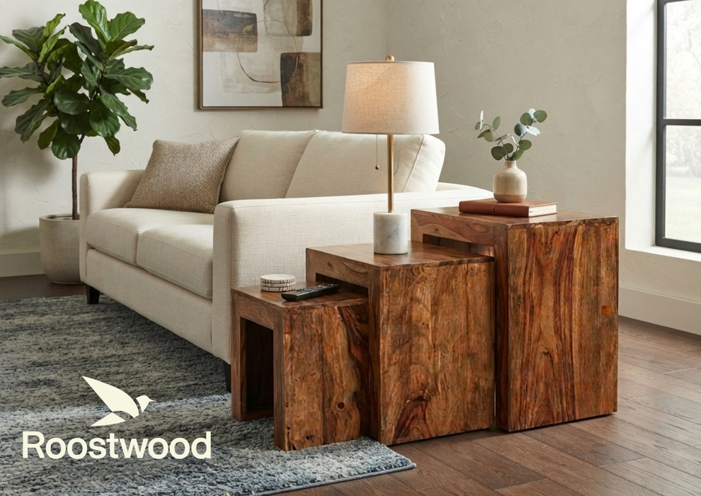 Roostwood 'Geo' Modern Solid Sheesham Wood Nest Of 3 Side Tables