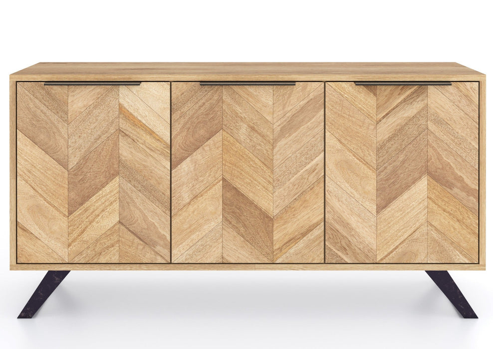 'Oakwood Living' Agra Industrial Style Large 3 Door Sideboard Cabinet Mango Parquet Metal Legs