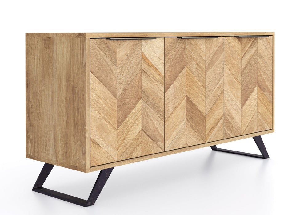 'Oakwood Living' Agra Industrial Style Large 3 Door Sideboard Cabinet Mango Parquet Metal Legs