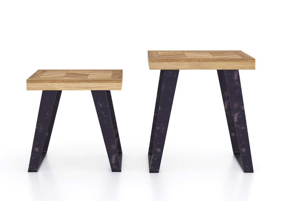 'Oakwood Living' Agra Industrial Style Nest of 2 Side Tables Mango Parquet Metal Legs