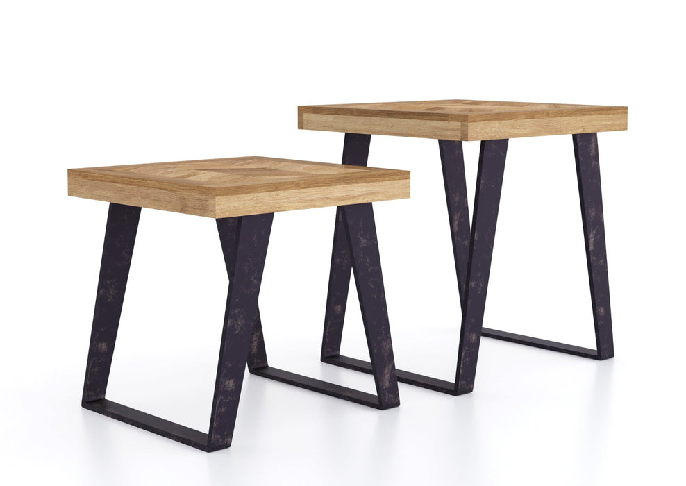 'Oakwood Living' Agra Industrial Style Nest of 2 Side Tables Mango Parquet Metal Legs