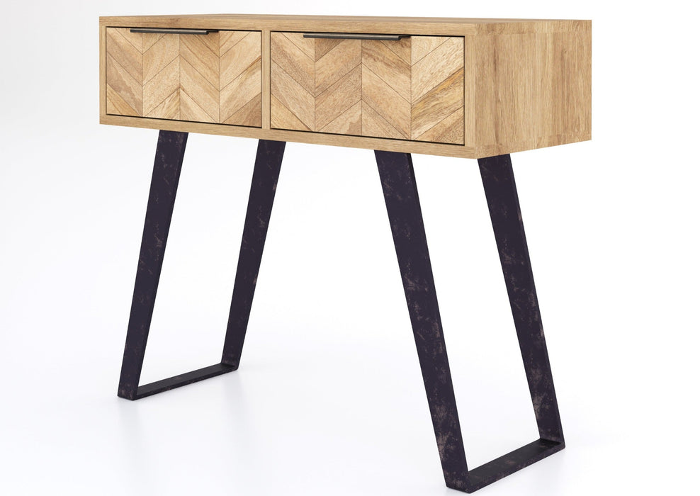 'Oakwood Living' Agra Industrial Style 2 Drawer Console Table Mango Parquet Metal Legs