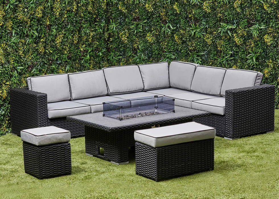 ‘Buckingham’ Large Black Outdoor Rattan Corner Sofa Dining Set with Rising Firepit Dining Table