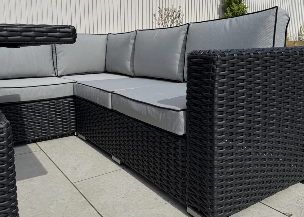 ‘Buckingham’ Large Black Outdoor Rattan Corner Sofa Dining Set with Rising Firepit Dining Table