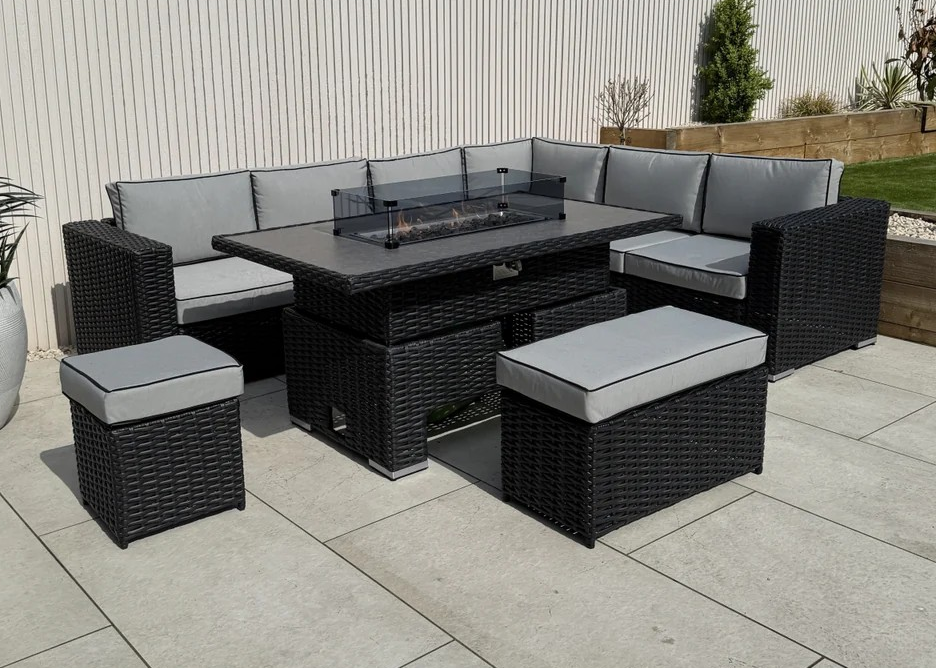 ‘Buckingham’ Large Black Outdoor Rattan Corner Sofa Dining Set with Rising Firepit Dining Table