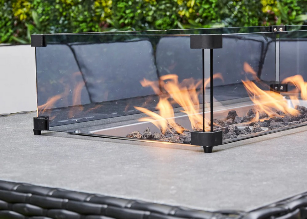 ‘Buckingham’ Large Black Outdoor Rattan Corner Sofa Dining Set with Rising Firepit Dining Table