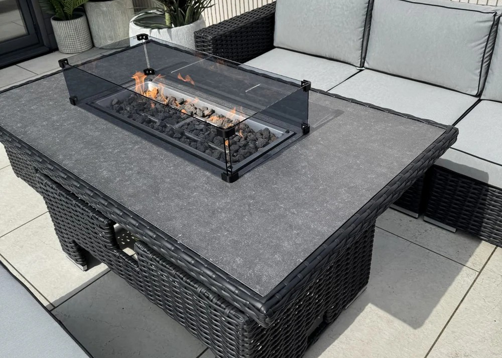 ‘Buckingham’ Large Black Outdoor Rattan Corner Sofa Dining Set with Rising Firepit Dining Table
