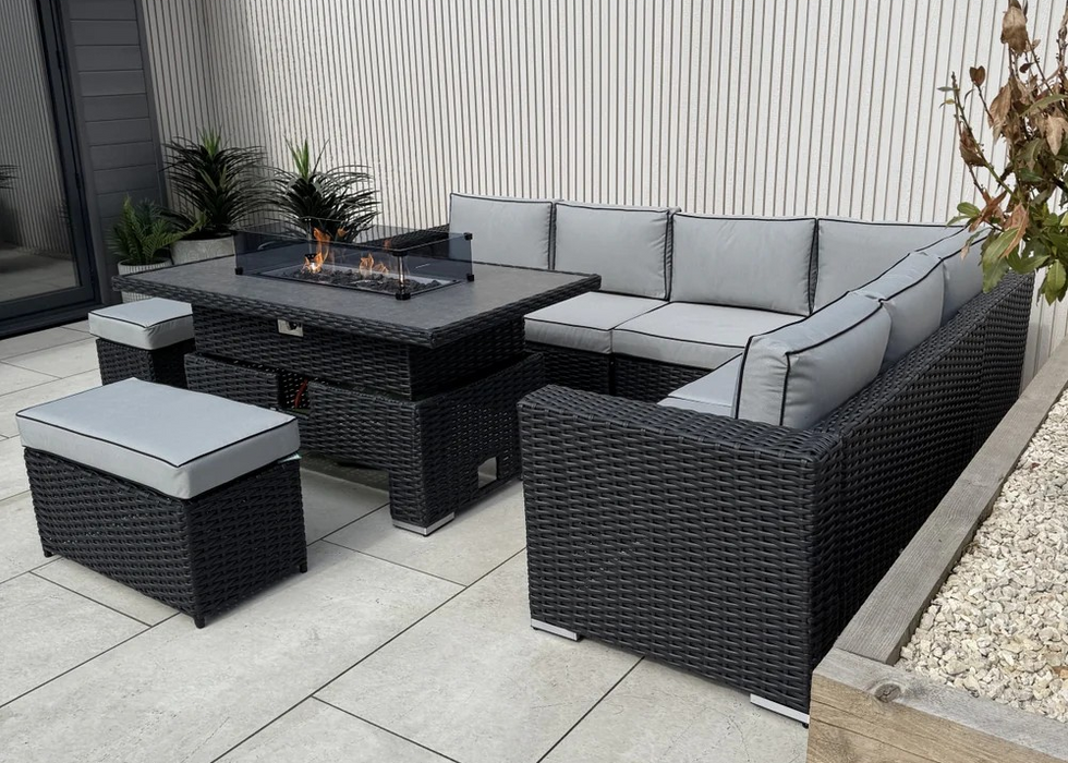 ‘Buckingham’ Large Black Outdoor Rattan Corner Sofa Dining Set with Rising Firepit Dining Table