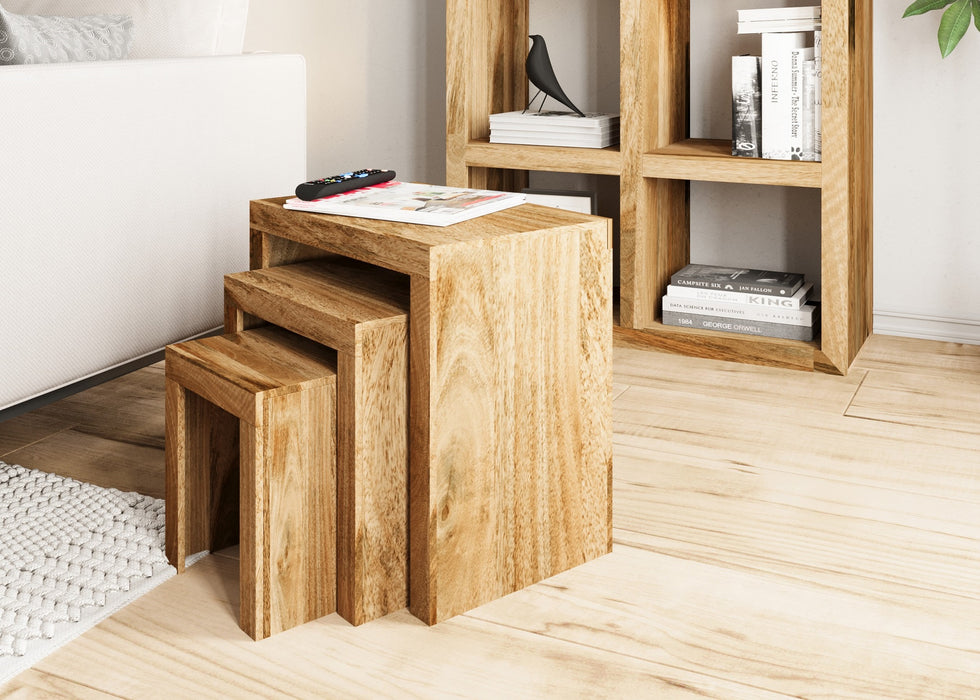 Cube Modern Solid Mango Wood Nest Of 3 Side Tables
