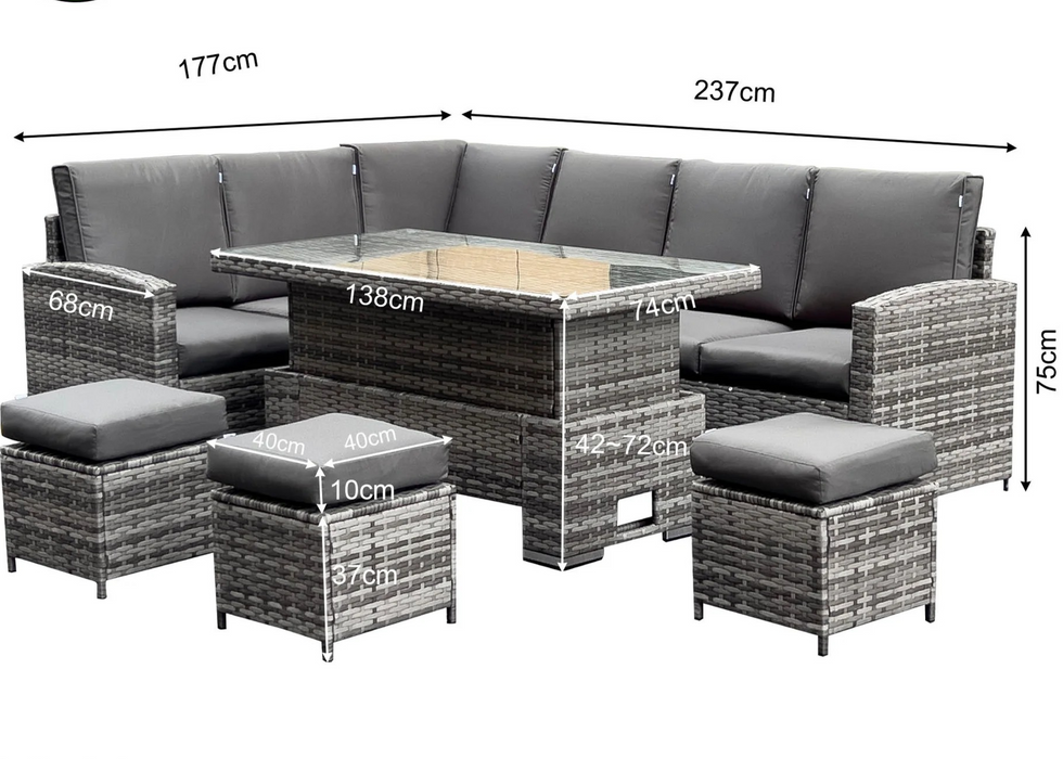 Falmouth High Back LHF Grey Rattan Outdoor Corner Sofa Garden Furniture Adjustable Dining Table Set