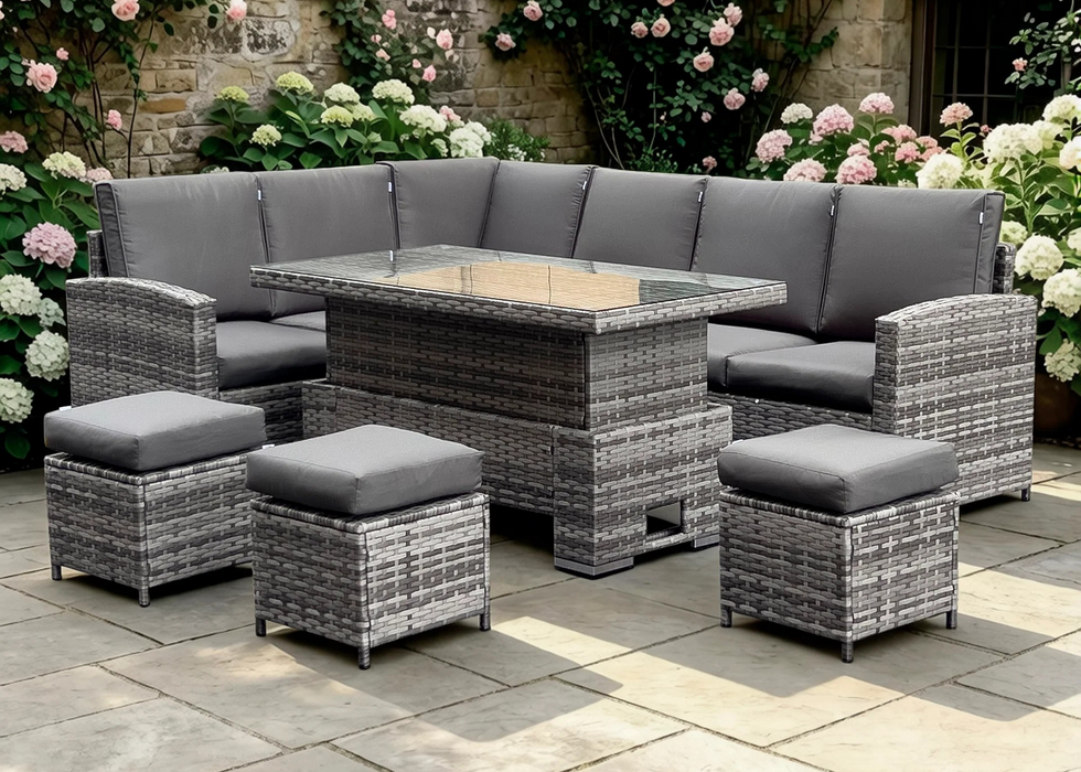 Falmouth High Back LHF Grey Rattan Outdoor Corner Sofa Garden Furniture Adjustable Dining Table Set