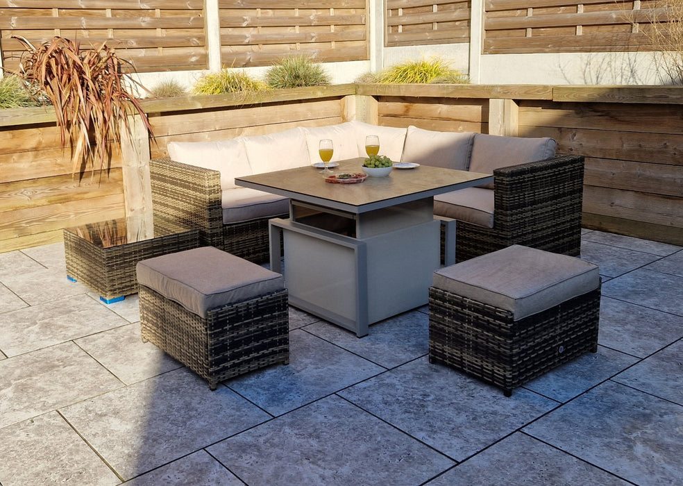 Gozo Deluxe Brown Natural Outdoor Rattan Corner Sofa Adjustable Dining Table Set Furniture Set