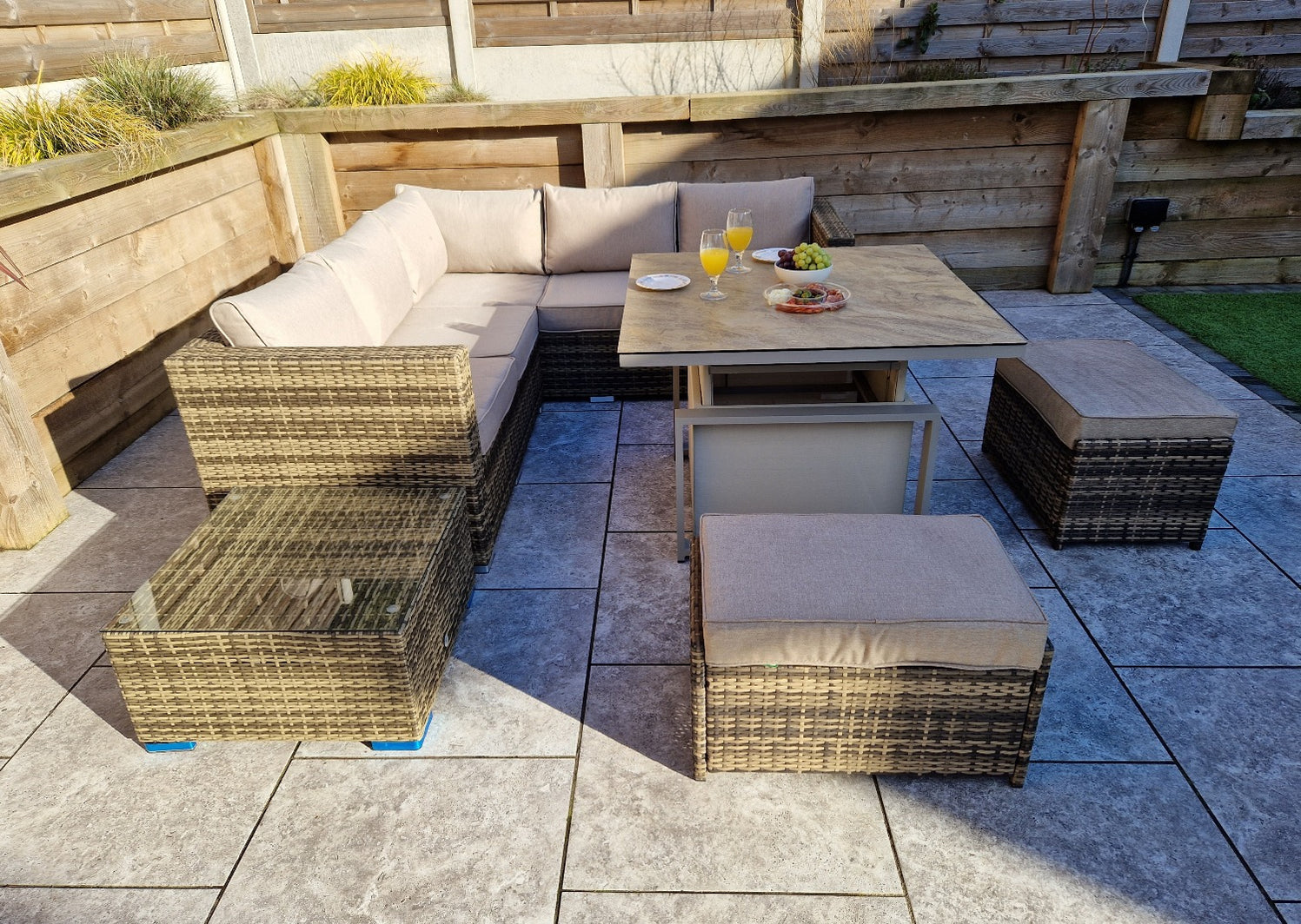 Brown Natural Rattan Corner Sofa Dining Set Signature Weave