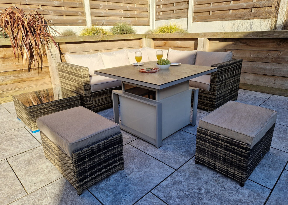 Gozo Deluxe Brown Natural Outdoor Rattan Corner Sofa Adjustable Dining Table Set Furniture Set