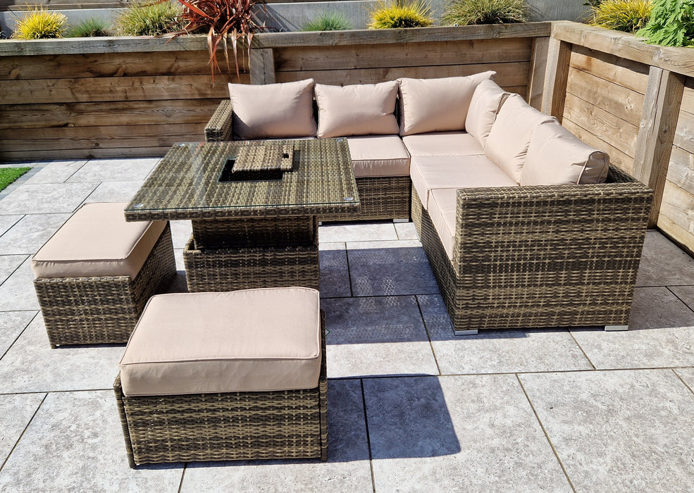 Gozo Brown Rattan Corner Sofa Adjustable Dining Table Set. Aluminum Frame Garden Furniture