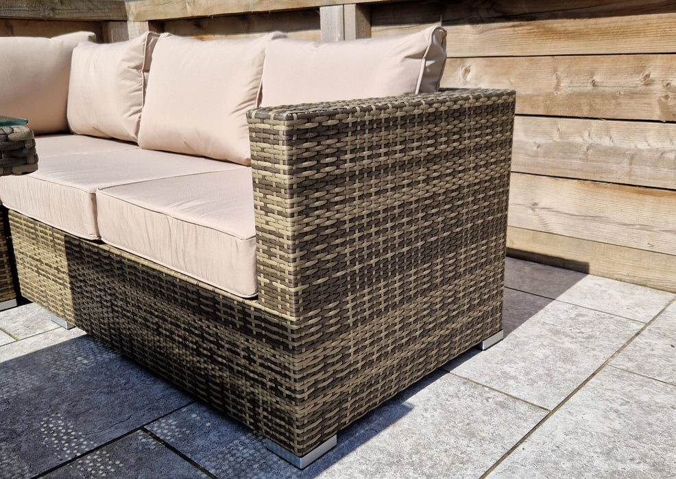 Gozo Brown Rattan Corner Sofa Adjustable Dining Table Set. Aluminum Frame Garden Furniture