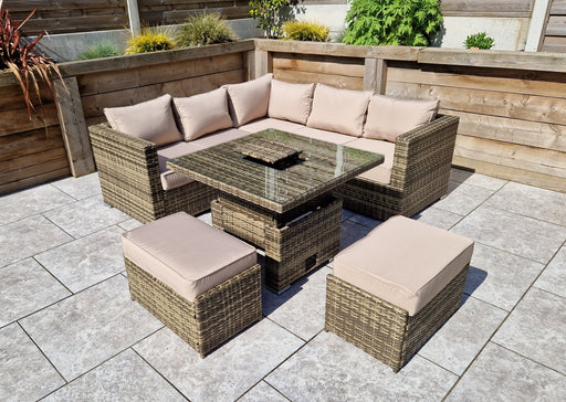 Gozo Brown Rattan Corner Sofa Adjustable Dining Table Set. Aluminum Frame Garden Furniture
