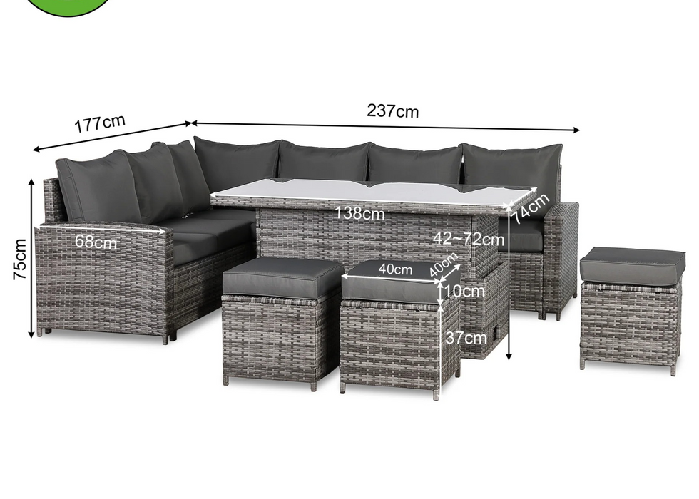 Henley High Back RHF Grey Rattan Outdoor Corner Sofa Garden Furniture Adjustable Dining Table Set