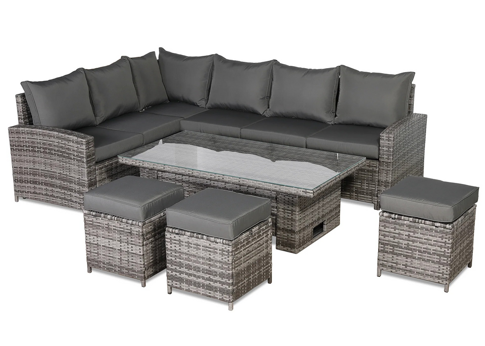 Henley High Back LHF Grey Rattan Outdoor Corner Sofa Garden Furniture Adjustable Dining Table Set