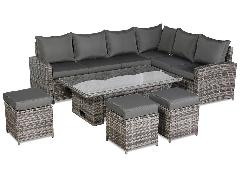Henley High Back RHF Grey Rattan Outdoor Corner Sofa Garden Furniture Adjustable Dining Table Set