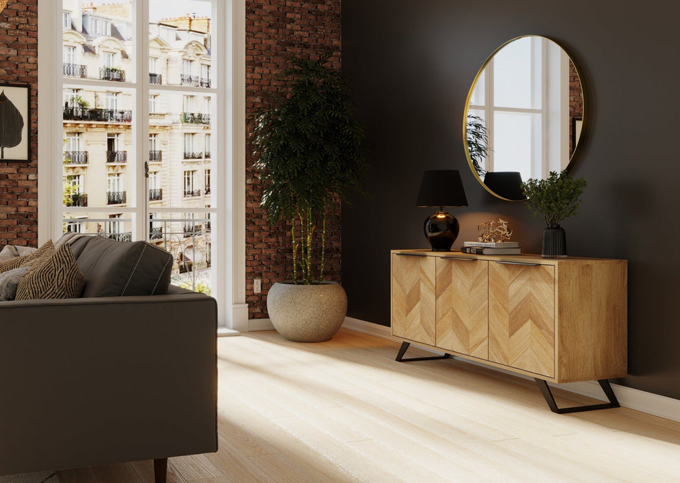 'Oakwood Living' Agra Industrial Style Large 3 Door Sideboard Cabinet Mango Parquet Metal Legs