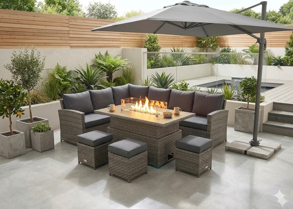 'Melody' Grey Rattan Corner Sofa Adjustable Firepit Dining Table Set Water Resistant Cushions