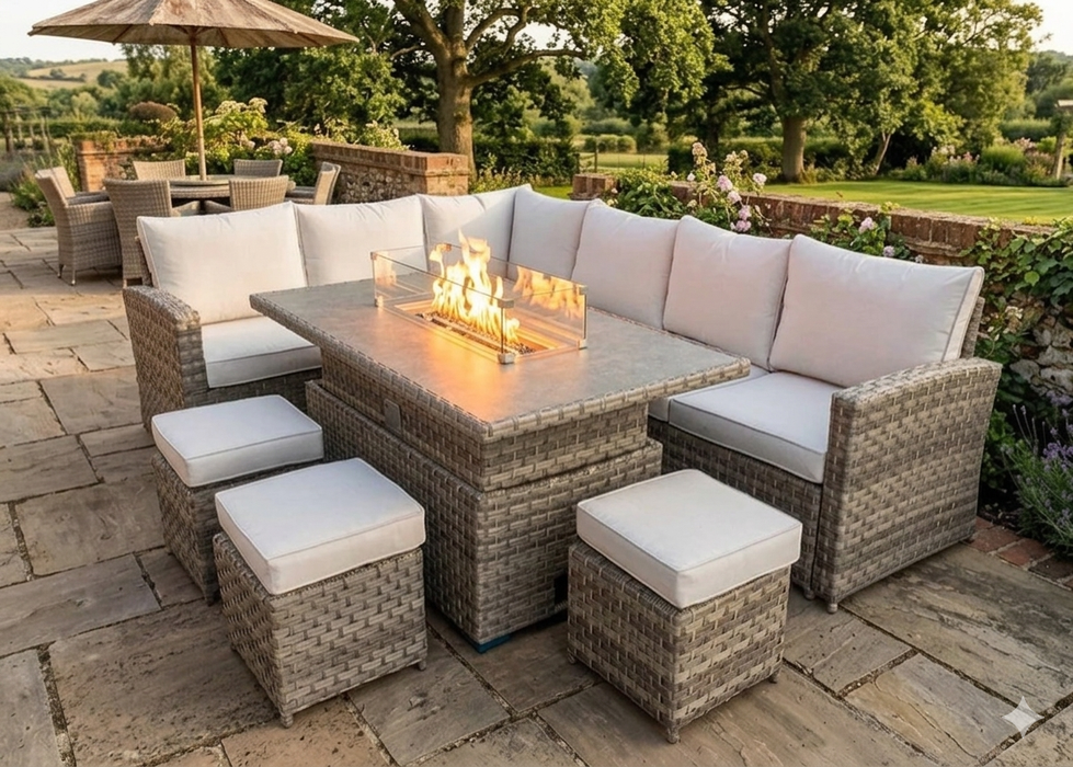 'Melody' Brown Natural Rattan Corner Sofa Adjustable Firepit Dining Table Set Water Resistant Cushions