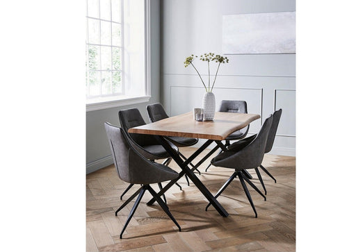 Karter Waney Live Edge Industrial DIning Table Set 6 Grey Swivel Chairs