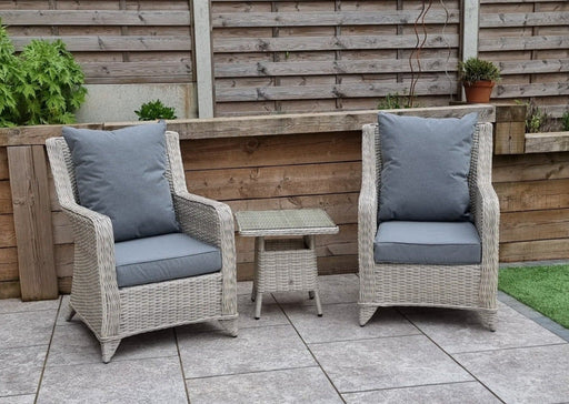 'Maldives' Rattan Bistro Armchair Set With Side Table Creamy Grey Mixed Weave Outdoor Furniture'Maldives' Rattan Bistro Armchair Set With Side Table Creamy Grey Mixed Weave Outdoor Furniture