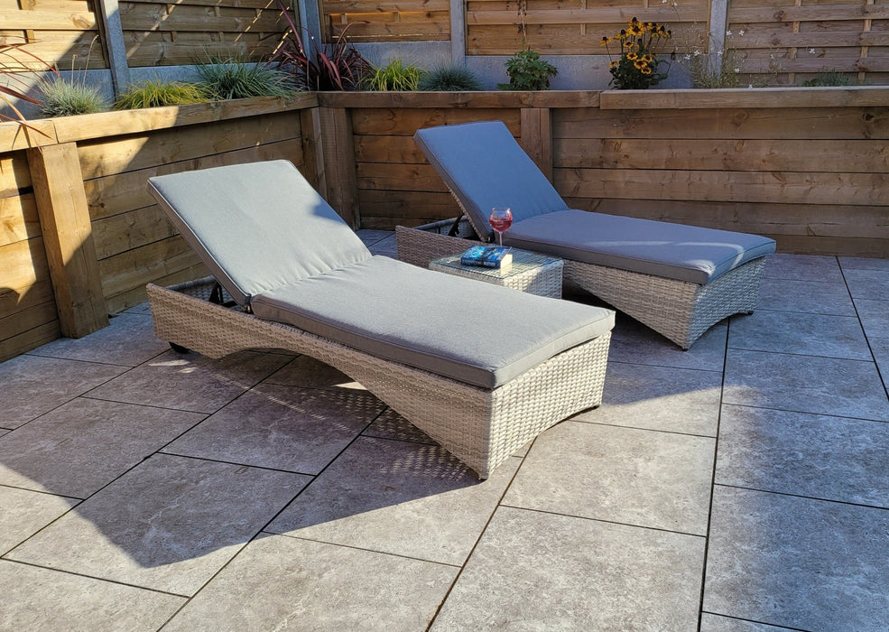 'Maldives' Rattan 2 Sun lounger Set With Side Table Creamy Grey Mixed Weave Outdoor Furniture