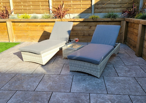 'Maldives' Rattan 2 Sun lounger Set With Side Table Creamy Grey Mixed Weave Outdoor Furniture