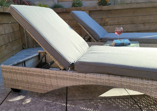 'Maldives' Rattan 2 Sun lounger Set With Side Table Creamy Grey Mixed Weave Outdoor Furniture