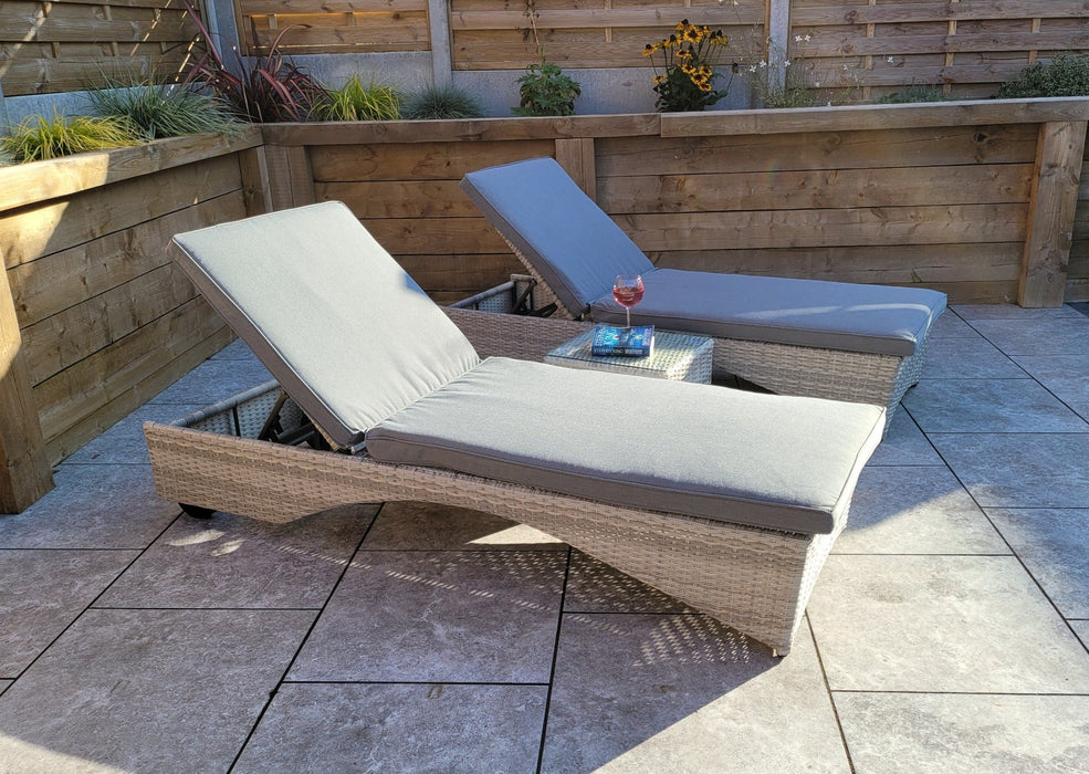 'Maldives' Rattan 2 Sun lounger Set With Side Table Creamy Grey Mixed Weave Outdoor Furniture