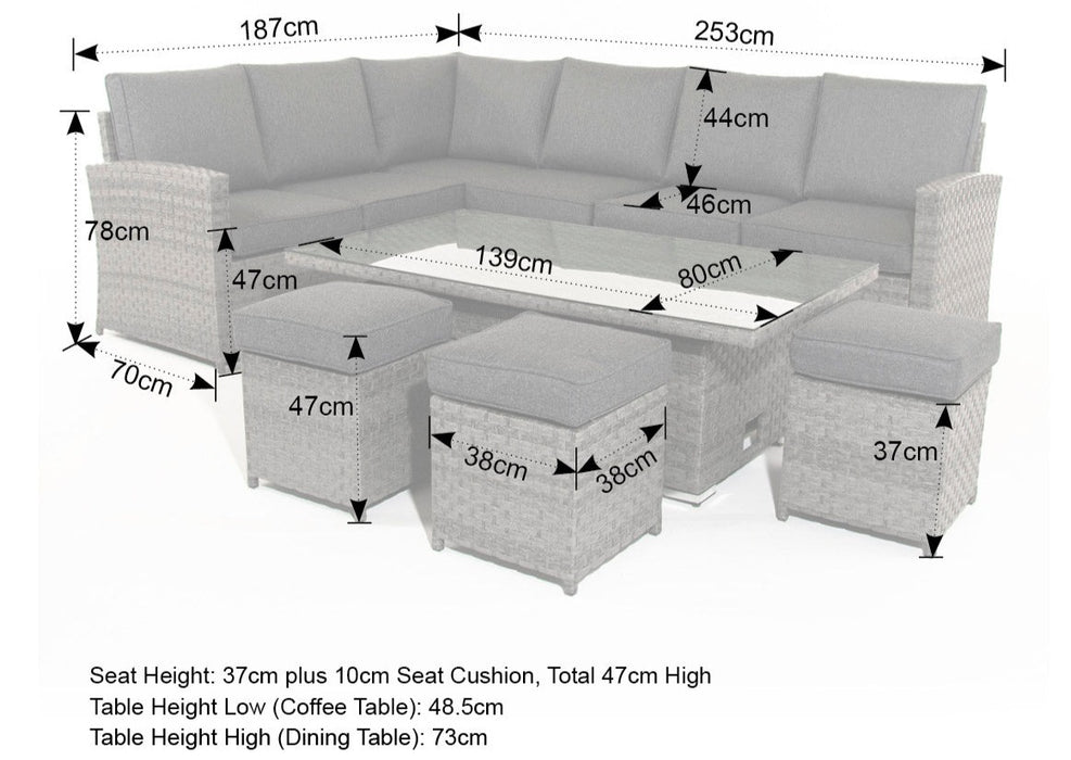 'Melody' Large Grey Rattan Corner Sofa Dining Set Adjustable Lift Up Down Table