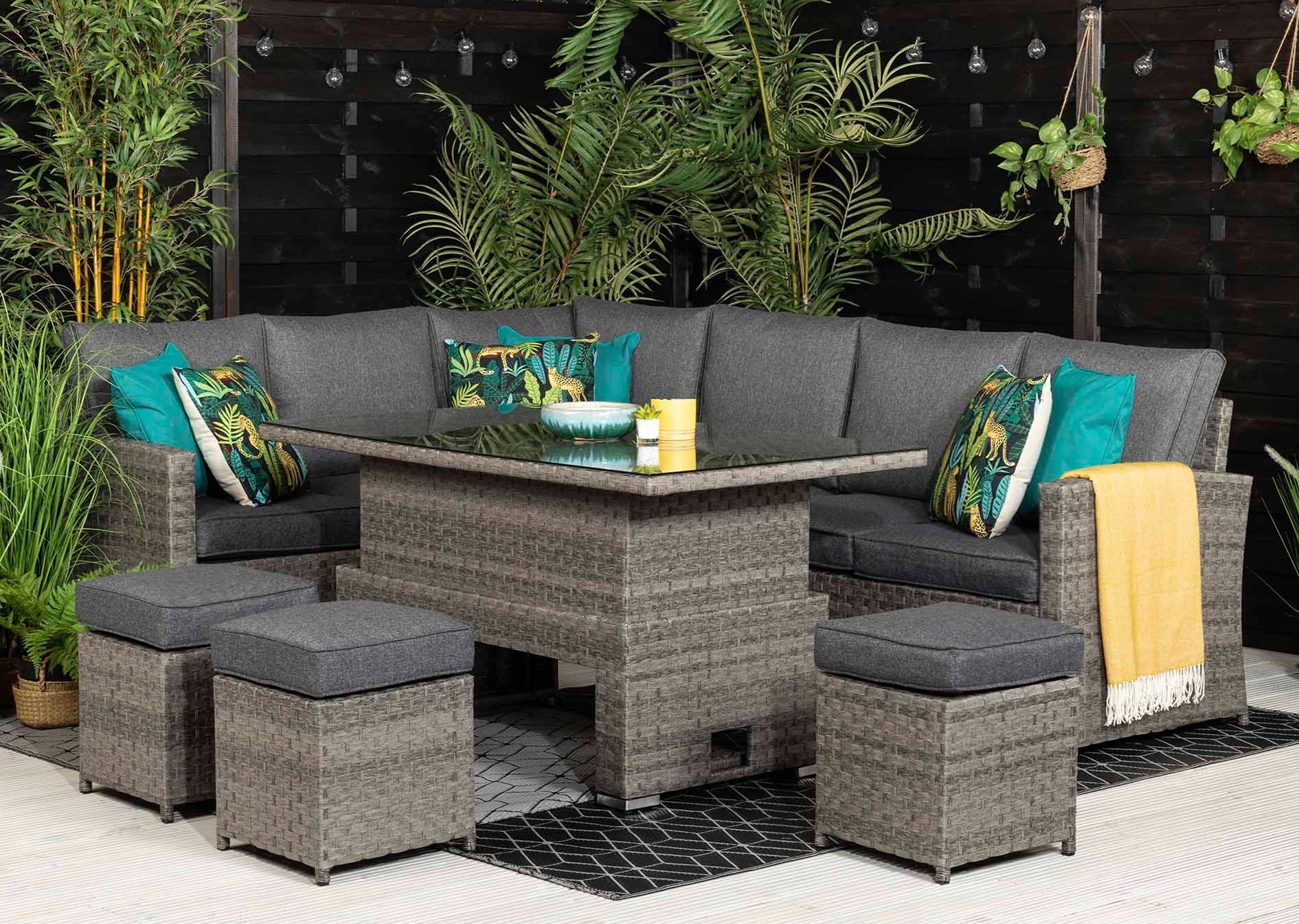 'Melody' Large Grey Rattan Corner Sofa Dining Set Adjustable Lift Up Down Table