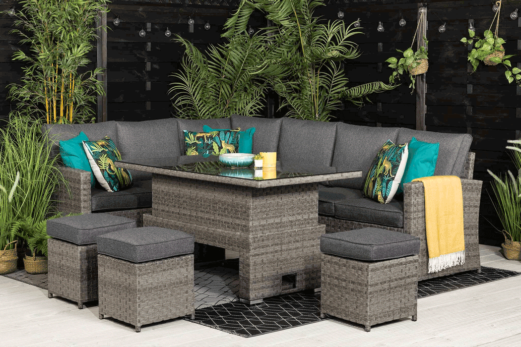 Melody Large Grey Rattan Corner Sofa Dining Set Adjustable Lift